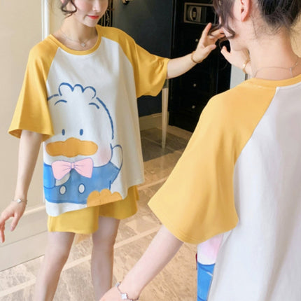 Cute Duck Printed Nightwear Women Two Pieces Pajama Set - Yellow