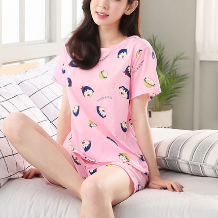 Cartoon Printed Nightwear Women Two Pieces Pajama Set - Pink