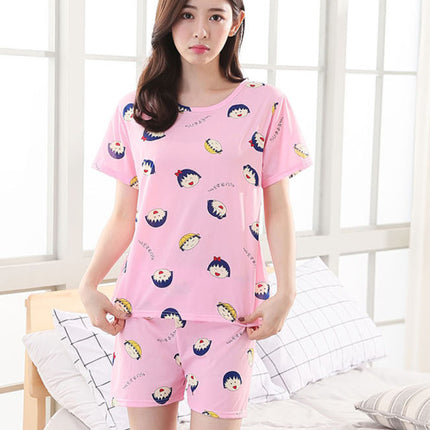 Cartoon Printed Nightwear Women Two Pieces Pajama Set - Pink