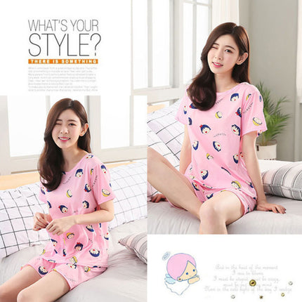 Cartoon Printed Nightwear Women Two Pieces Pajama Set - Pink