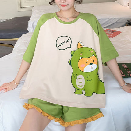 Cute Dinosaur Cartoon Printed 2Pcs Nightwear Pajama Set - Green