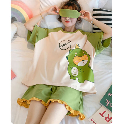 Cute Dinosaur Cartoon Printed 2Pcs Nightwear Pajama Set - Green