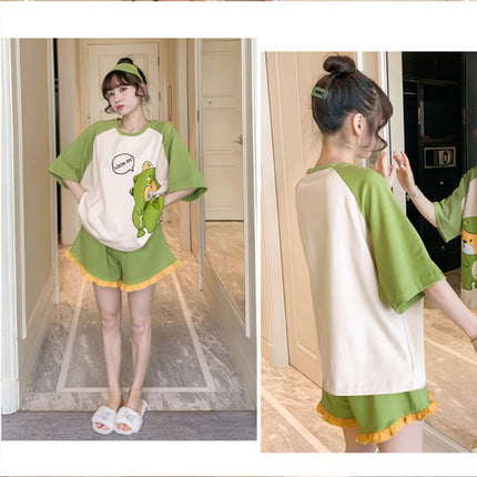 Cute Dinosaur Cartoon Printed 2Pcs Nightwear Pajama Set - Green