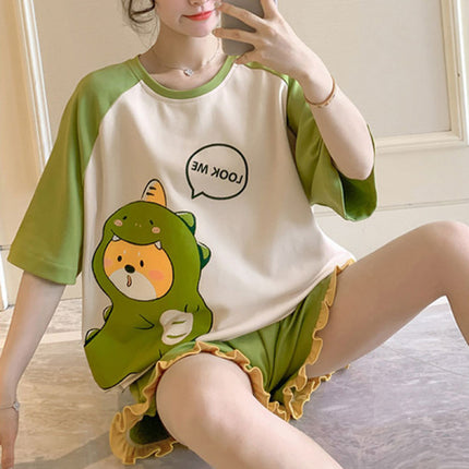 Cute Dinosaur Cartoon Printed 2Pcs Nightwear Pajama Set - Green