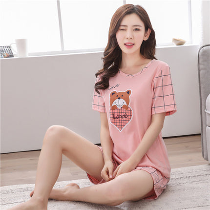 Bear Love Printed Nightwear Women Fashion 2Pcs Pajama Set - Pink