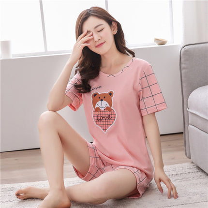 Bear Love Printed Nightwear Women Fashion 2Pcs Pajama Set - Pink