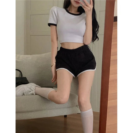 Athletic Match Set Cotton Blends Sports Wear Round Neck Straight Style Short Sleeves Contrast Pattern Mini Length Black and White Women