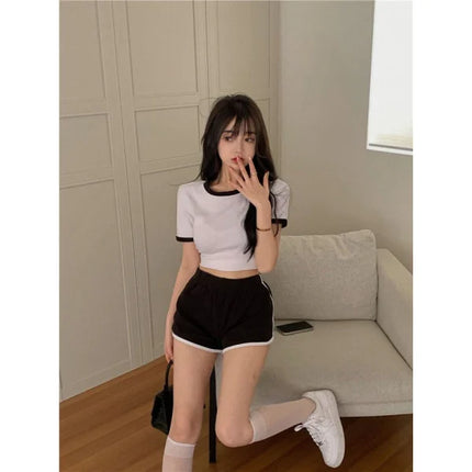 Athletic Match Set Cotton Blends Sports Wear Round Neck Straight Style Short Sleeves Contrast Pattern Mini Length Black and White Women