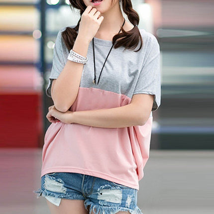 Women Loose And Thin Short Sleeve Bat T Shirt - Gray Pink