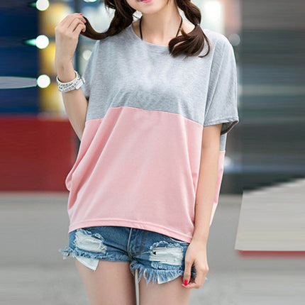 Women Loose And Thin Short Sleeve Bat T Shirt - Gray Pink