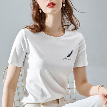 Leaf Print Cotton Blends Short Sleeves Casual T-Shirt for Women- White