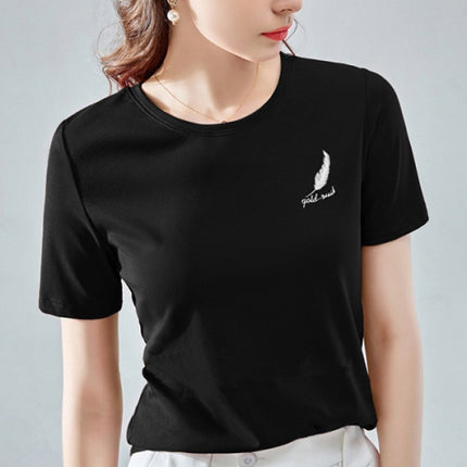 Leaf Print Cotton Blends Short Sleeves Casual T-Shirt for Women- Black