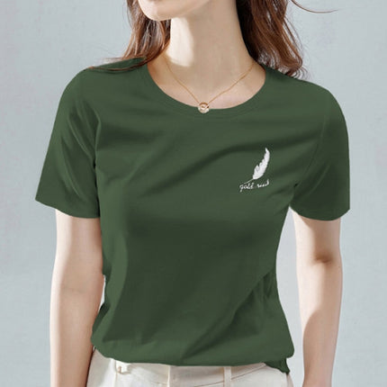 Leaf Print Cotton Blends Short Sleeves Casual T-Shirt for Women- Green