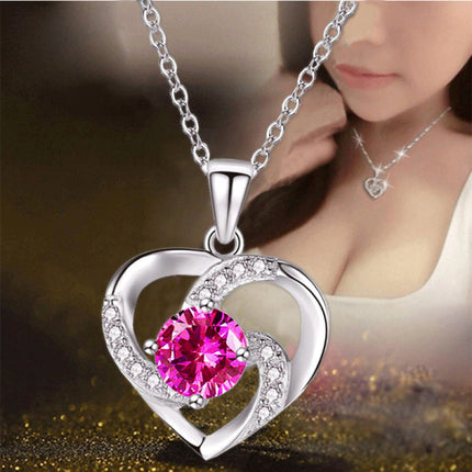 Silver Plated Heart Shaped Rhinestones Decor Fashion Necklace - Pink