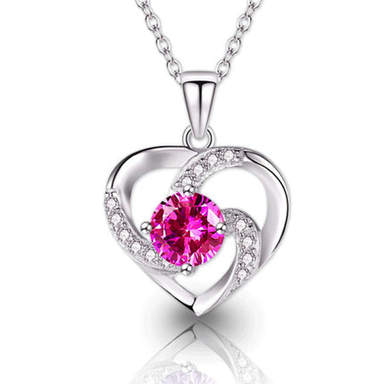 Silver Plated Heart Shaped Rhinestones Decor Fashion Necklace - Pink