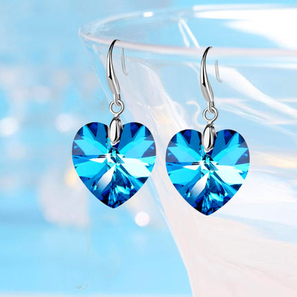 Shiny Heart Shaped Carved Crystal Silver Plated Earrings Pair - Blue