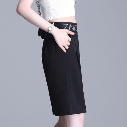 Letters Print Elastic Waist Solid Color Summer Wear Shorts - Black