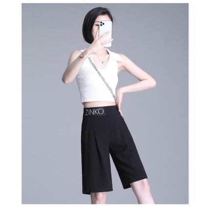 Letters Print Elastic Waist Solid Color Summer Wear Shorts - Black