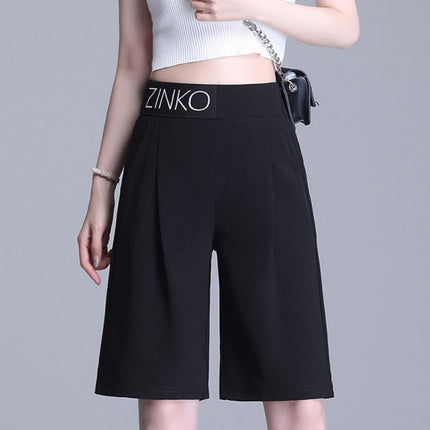 Letters Print Elastic Waist Solid Color Summer Wear Shorts - Black