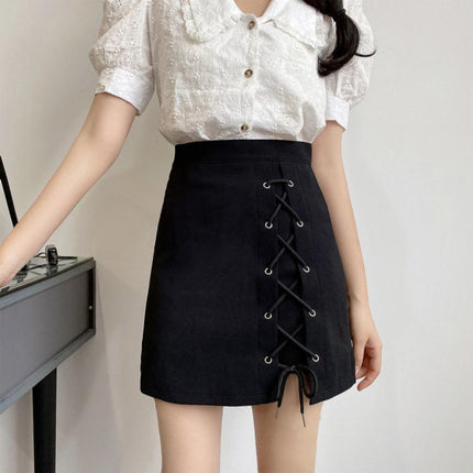 Lace Down Knot Style Solid Color Elastic Waist Women Skirt - Black