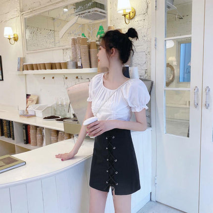 Lace Down Knot Style Solid Color Elastic Waist Women Skirt - Black