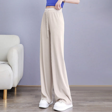 String Waist Solid Color Straight Loose Wear Women Trousers