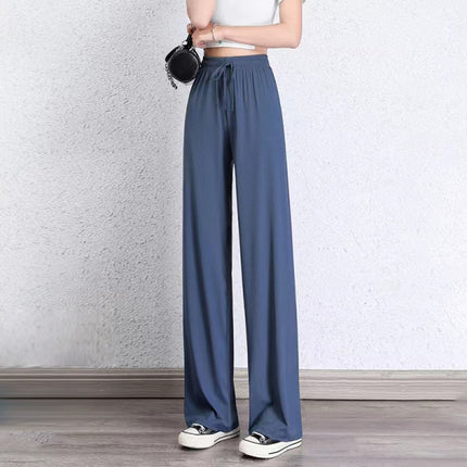 String Waist Solid Color Straight Loose Wear Women Trousers - Blue