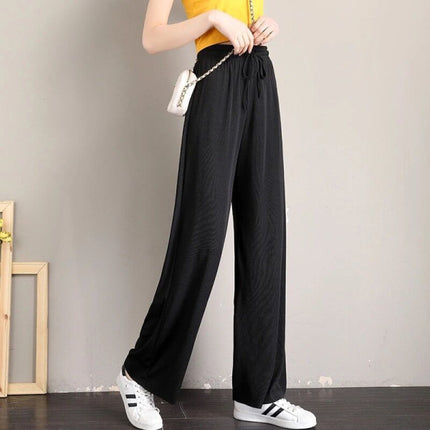 String Waist Solid Color Straight Loose Wear Women Trousers - Black