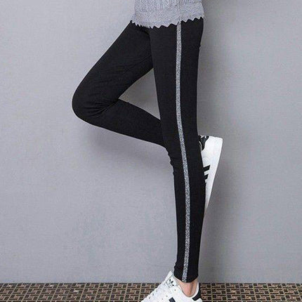 Stripe Patched Women Fashion Solid Color Fitted Trouser - Black and Silver