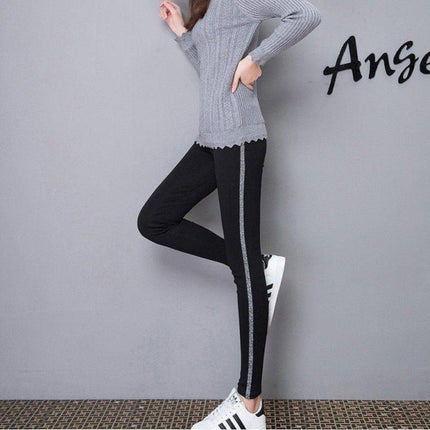 Stripe Patched Women Fashion Solid Color Fitted Trouser - Black and Silver