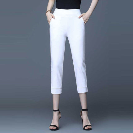 Midi Length Solid Color Summer Wear Trouser Pants - White