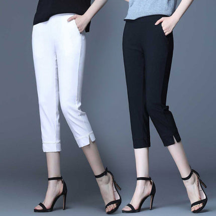 Midi Length Solid Color Summer Wear Trouser Pants - White