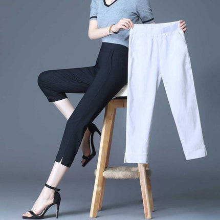 Midi Length Solid Color Summer Wear Trouser Pants - White