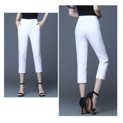 Midi Length Solid Color Summer Wear Trouser Pants - White