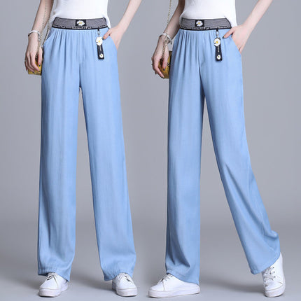 Solid Color Straight Loose Style Elastic Waist Women Trouser - Light Blue