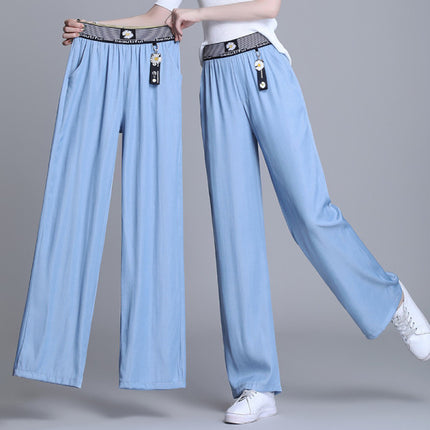 Solid Color Straight Loose Style Elastic Waist Women Trouser - Light Blue