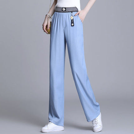 Solid Color Straight Loose Style Elastic Waist Women Trouser - Light Blue