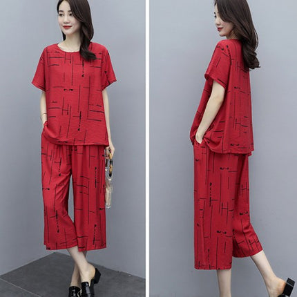 Two Pieces Stylish Printed Round Neck Loose Matching Set - Red