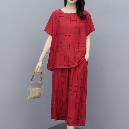 Two Pieces Stylish Printed Round Neck Loose Matching Set - Red