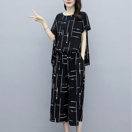 Two Pieces Stylish Printed Round Neck Loose Matching Set	- Black