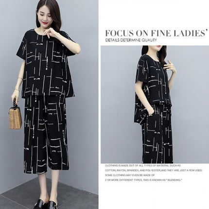 Two Pieces Stylish Printed Round Neck Loose Matching Set	- Black