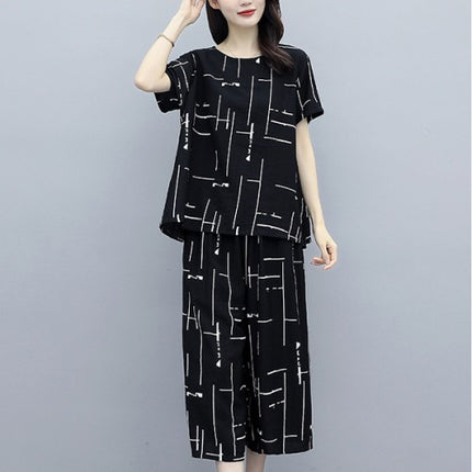 Two Pieces Stylish Printed Round Neck Loose Matching Set	- Black