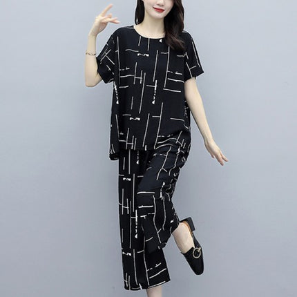 Two Pieces Stylish Printed Round Neck Loose Matching Set	- Black