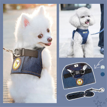 Denim Breathable Harness Puppy Dog Pet Leash Collar Set -  Blue