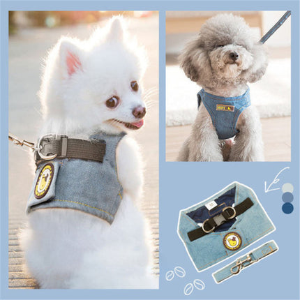 Denim Breathable Harness Puppy Dog Pet Leash Collar Set - Sky Blue