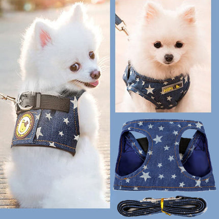 Denim Breathable Harness Puppy Dog Pet Leash Collar Set - Dark Blue