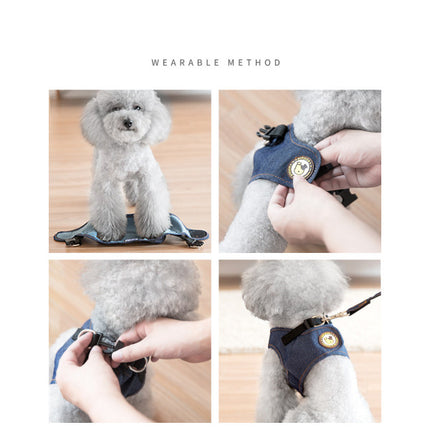 Denim Breathable Harness Puppy Dog Pet Leash Collar Set - Dark Blue