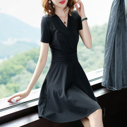 Pleated Waist Surplice Neck Short Sleeves Mini Dress - Black