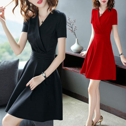 Pleated Waist Surplice Neck Short Sleeves Mini Dress - Black