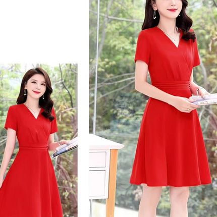 Pleated Waist Surplice Neck Short Sleeves Mini Dress - Red